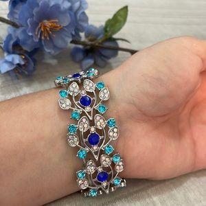 Royal Blue Light Blue and Iridescent Rhinestone Bracelet One Size